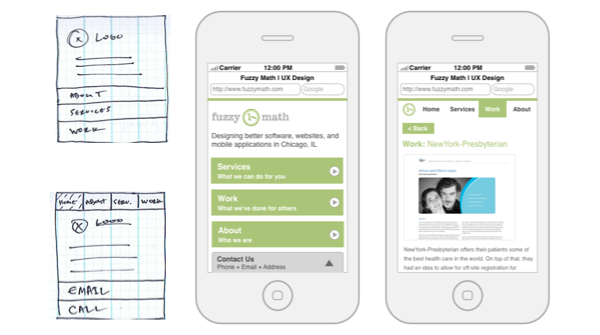 Early sketches and wireframes of the Fuzzy Math mobile site