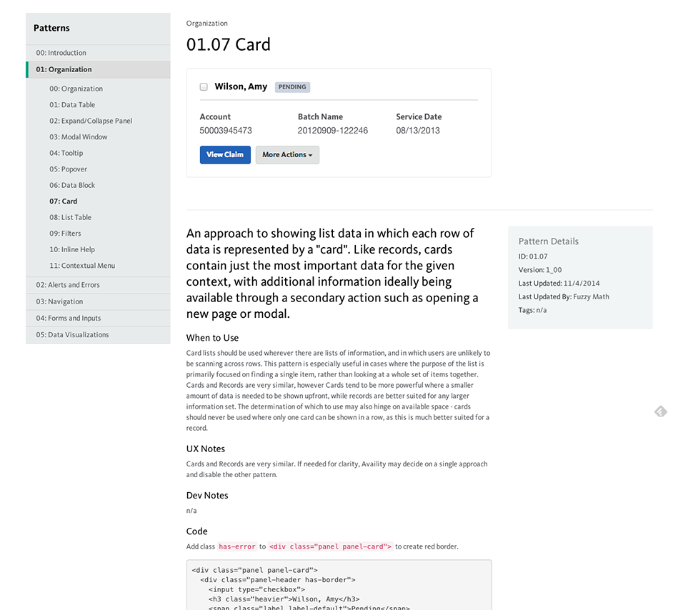 An example enterprise UI design pattern that includes visual design, UX notes, and code specifications.