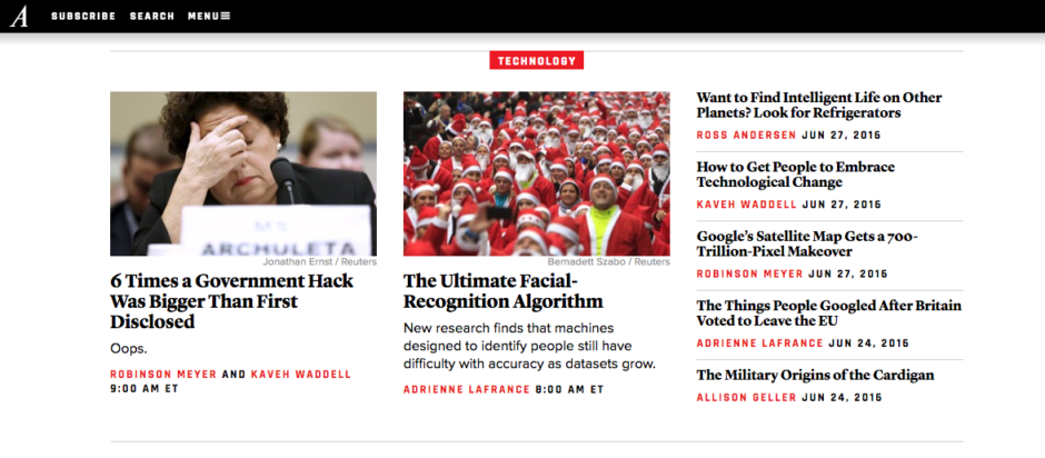 The Atlantic's home page uses meaningful headings to organize page content in a way that aids in accessibility for visually impaired or blind users.