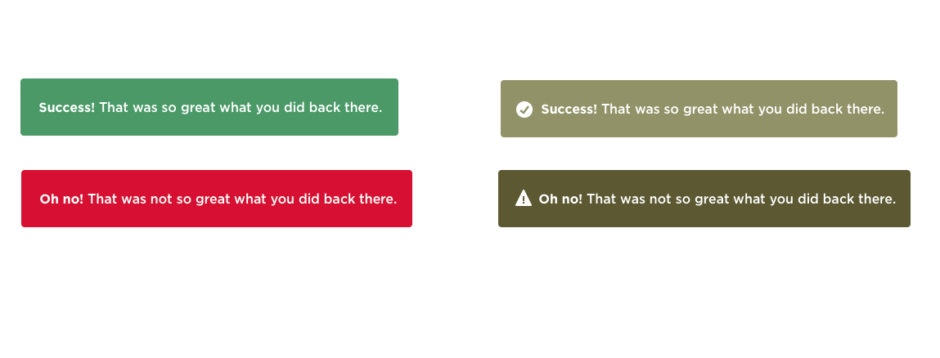 Example comparing how a user with normal vision sees alerts versus how a colorblind user sees them