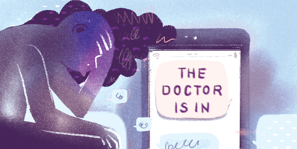 a person looking sad with a phone screen saying "the doctor is in" representing technology and mental health