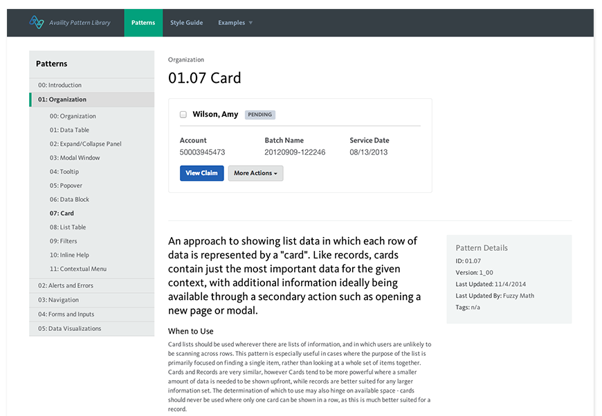 A screenshot of an enterprise software ux design system and pattern library built by Fuzzy Math for Availity