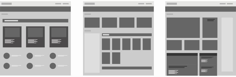 A set of three website wireframes. Wireframes are a crucial part of showing your process in a UX portfolio