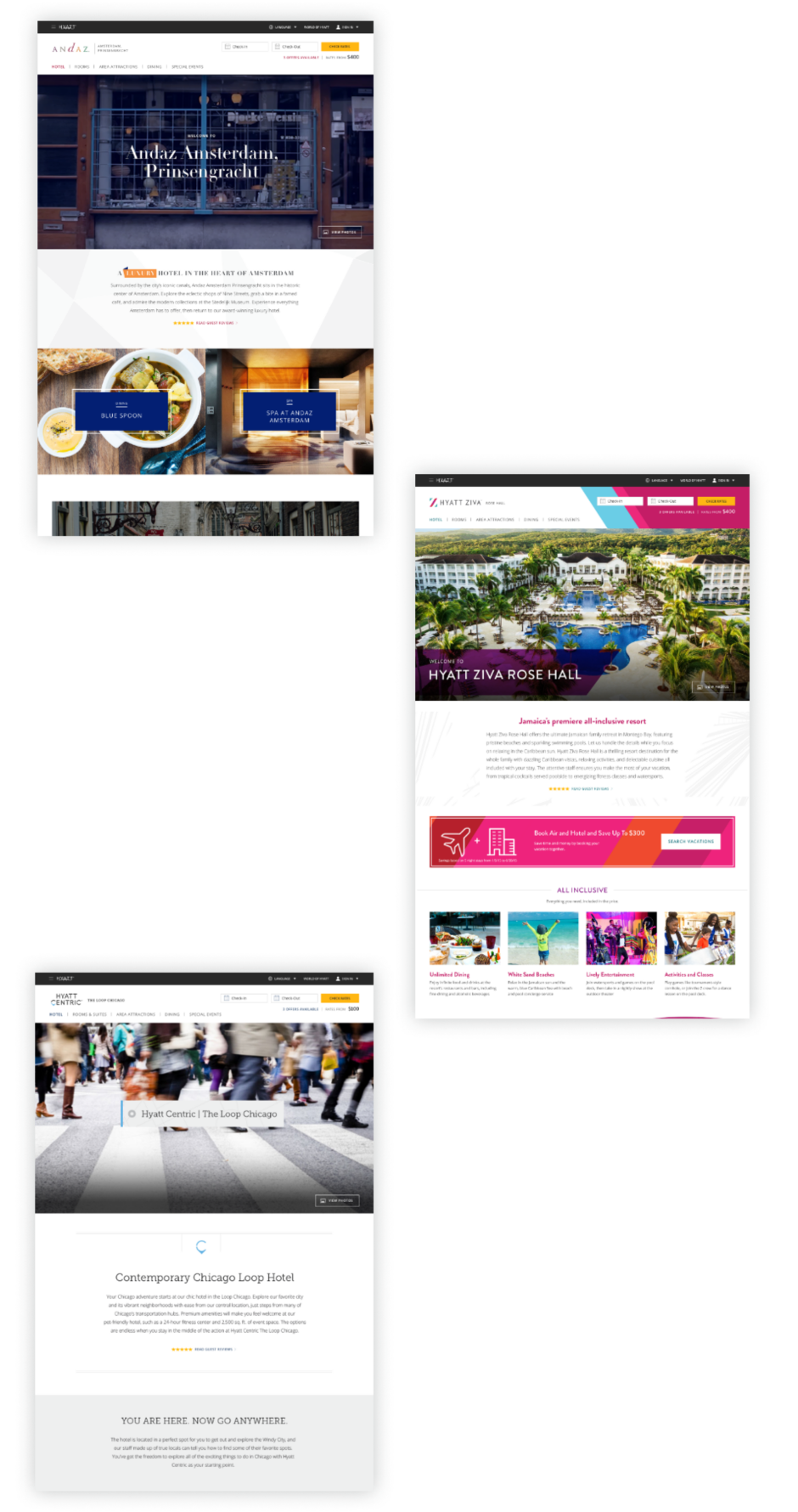 Mockups of three different Hyatt brand homepages