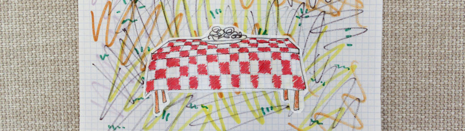 A sketch of a table with a tablecloth, surrounded by squiggly, chaotic lines representing restaurants on our list of things that need to be redesigned.