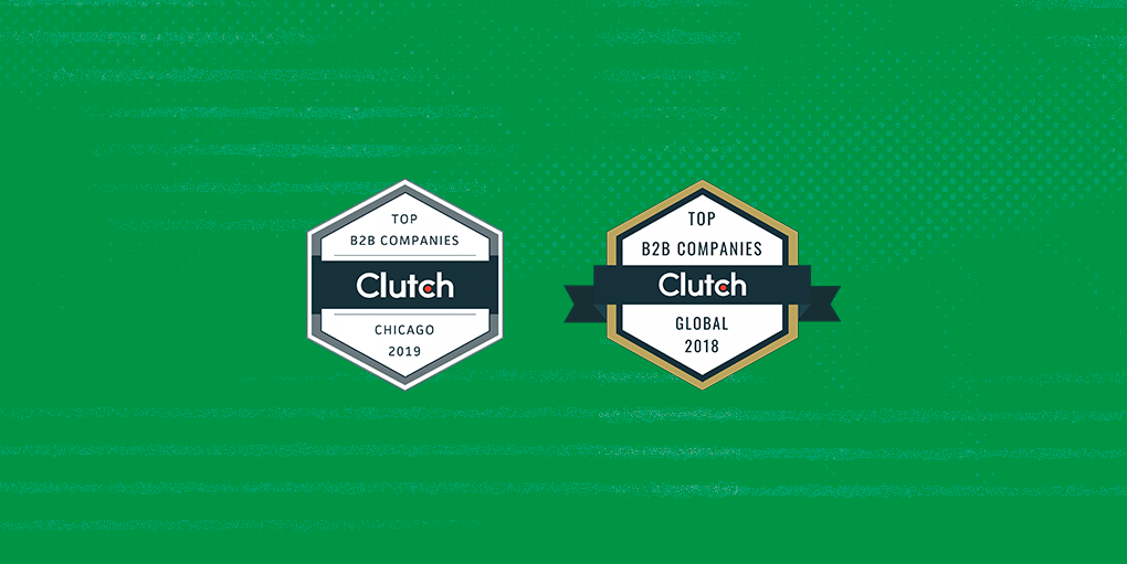 Two hexagon banners, one describing Clutch.com's top B2B companies of Chicago 2019, and one describing Clutch.com's top B2B companies globally 2018, against a green Fuzzy Math background