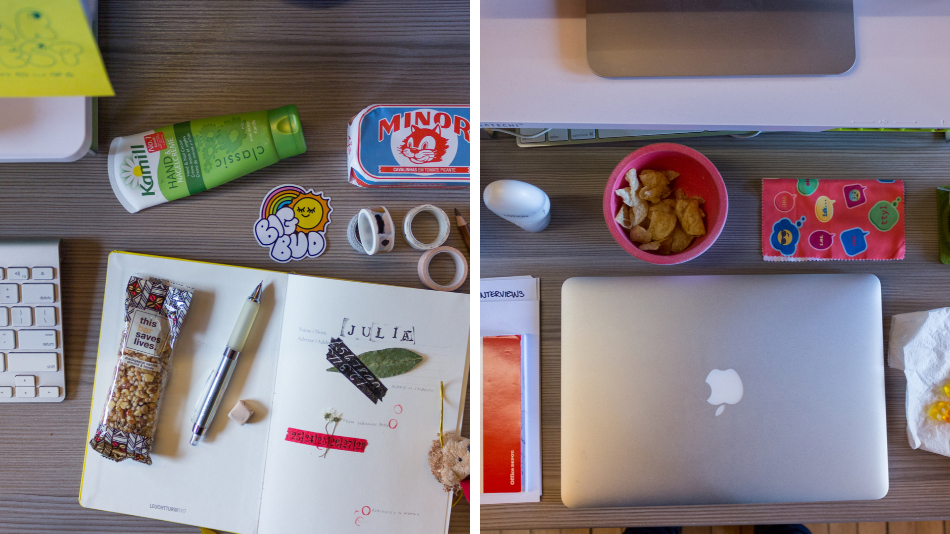 A split screen view of two photos of desks, taken from above. One has an open notebook with doodles, leaves, and assorted knick-knacks. The other has a closed Macbook and assorted snacks.