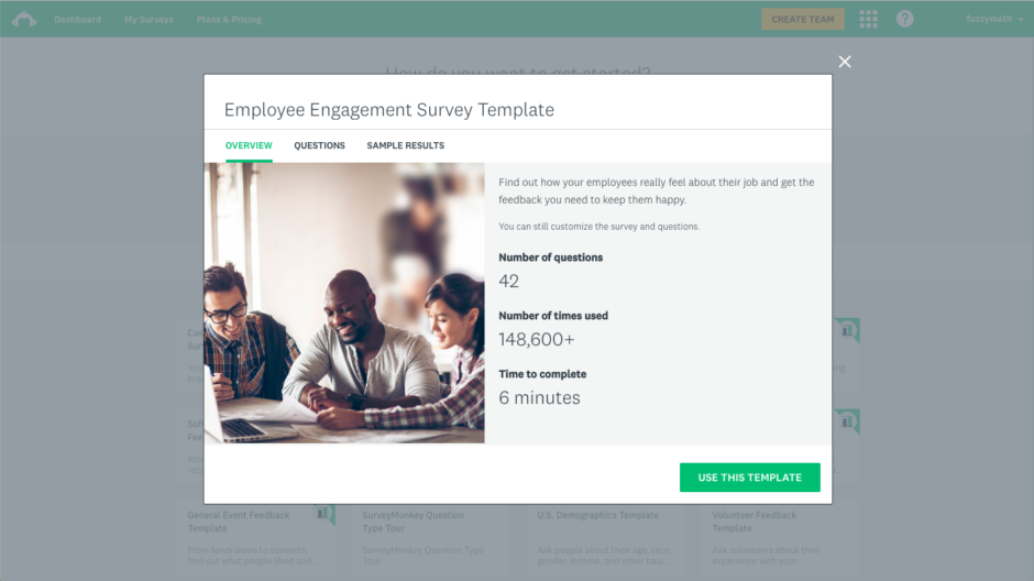 A screenshot of an Employee Engagement Survey Template from SurveyMonkey