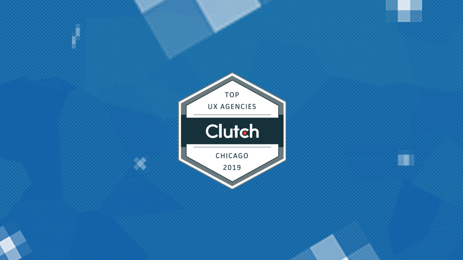 Clutch.com top UX agencies of Chicago 2019 against Fuzzy Math pixel background