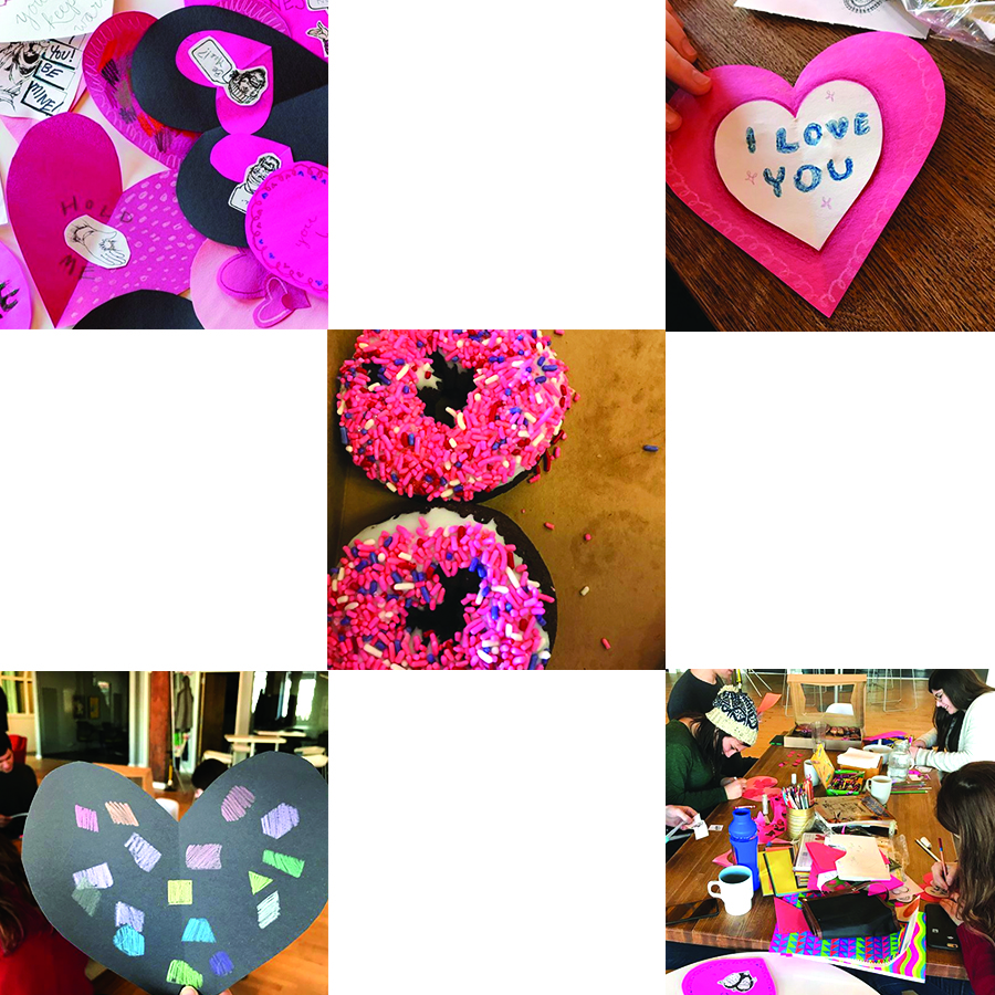 Valentines day cards, People crafting valentines day cards on table, Valentines donuts with sprinkles 