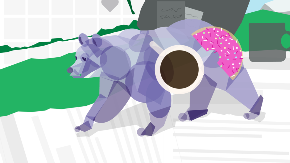 Illustration of a bear made up of office supplies, a coffee cup, and a donut to illustrate ethnographic research in design.