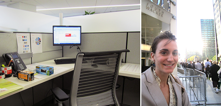 On the left, a photo of an empty gray cubicle with some new office supplies. To the right, a selfie of the author in a tan blazer outside a downtown office building.