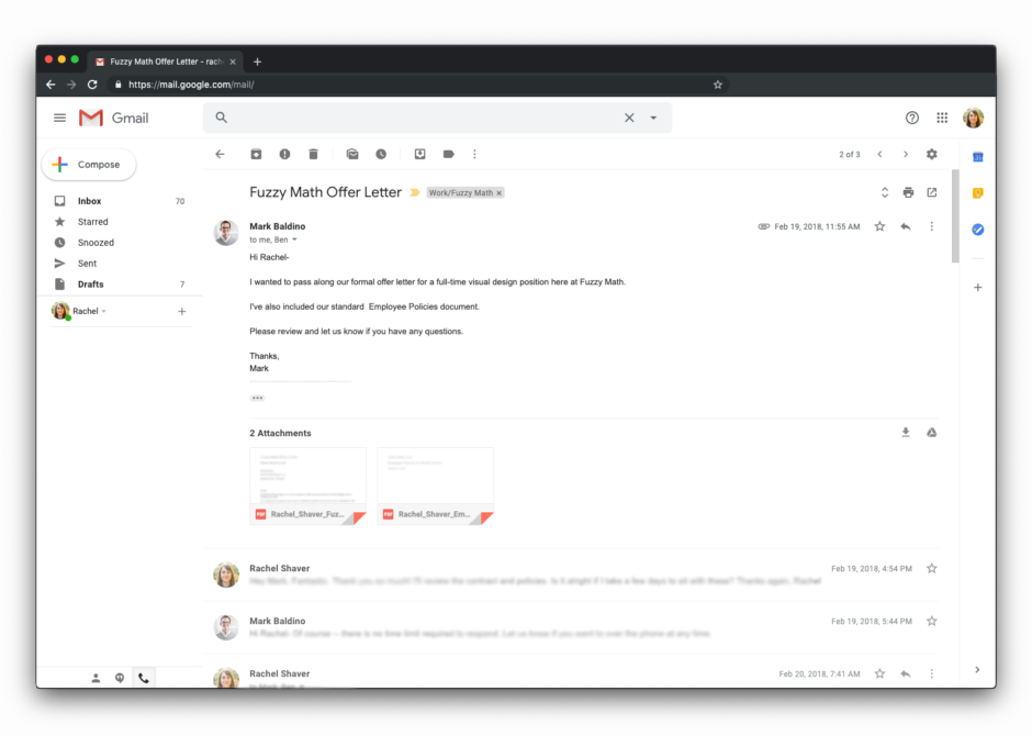Screenshot of Gmail, open to an email to me from Mark Baldino with subject "Fuzzy Math Offer Letter."