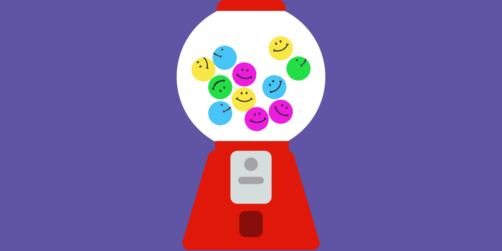 An illustration of a gumball machine full of smiley face gumballs representing UX designers happy and satisfied with their UX/UI jobs