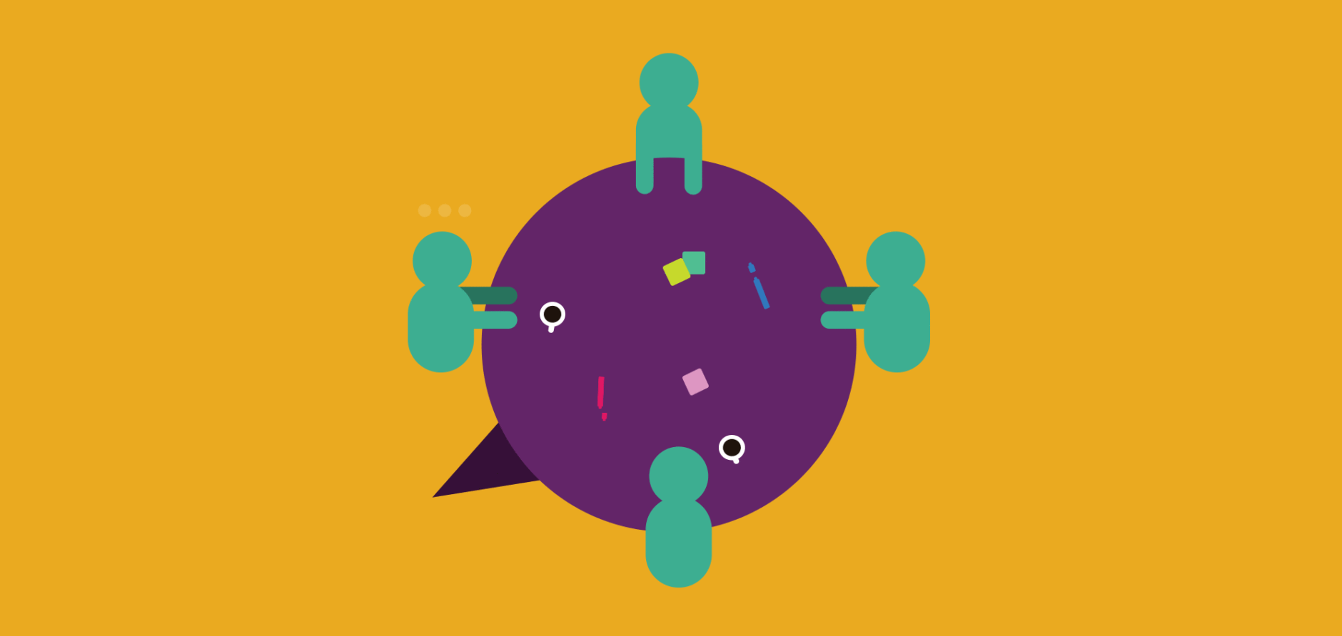 An illustration of four people sitting around a round table to illustrate a team discussion of usability and innovation in UX design