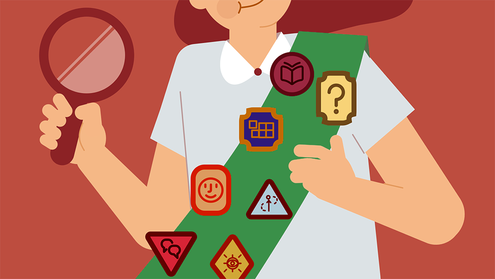 An illustration of a girl scout holding a magnifying glass. She is wearing a sash with seven badges representing UX skills, including curiosity, communication, asking questions, understanding complex systems, and storytelling.