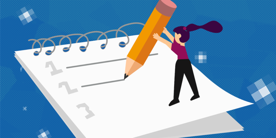 An illustration of a designer standing on a giant notepad holding a giant pencil. She's writing three tips for digital product designers.