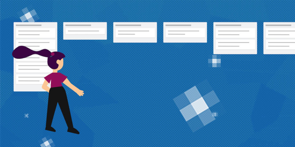 An illustration of a UX designer looking at a Kanban board. Organization is a key piece of digital product design. 