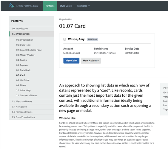 An example of the design system built for Availity, showing a card UI pattern and instructions for use