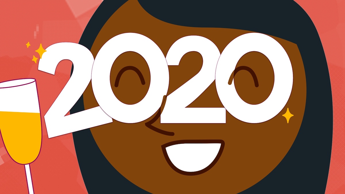 A illustration of a woman on New Years Eve wearing "2020" party glasses and holding a glass of champagne.