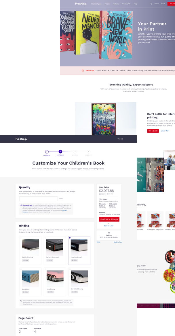 UI design for PrintNinja, including the quote and checkout flow and home page