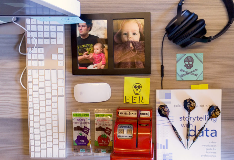 An overhead shot of Fuzzy Math co-founder Ben's desk, including framed photos of his two daughters, headphones, darts, and a sticky note with a skull and crossbones doodle.
