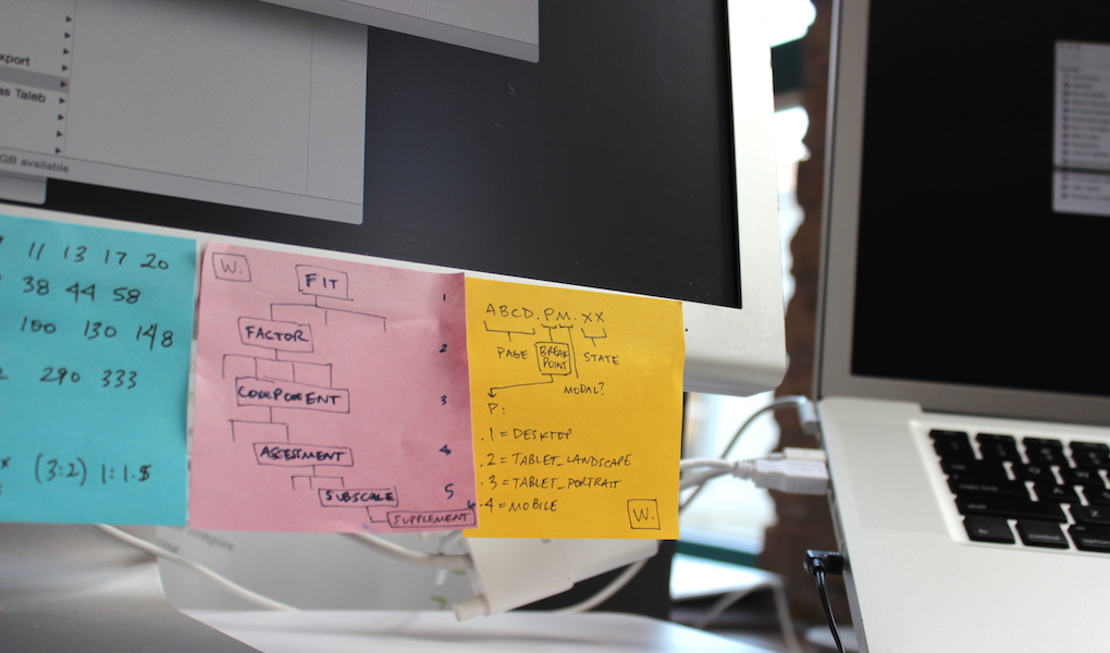 Sticky notes on a computer monitor, gathered from enterprise UX research.