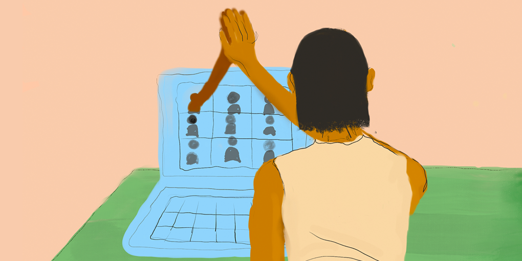 Illustration depicting someone giving a high-five through their laptop screen