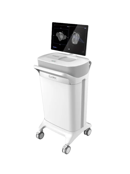 Medical device that Clarix Imaging software runs on. It is on a wheeled product, allowing for doctors to move it easily.