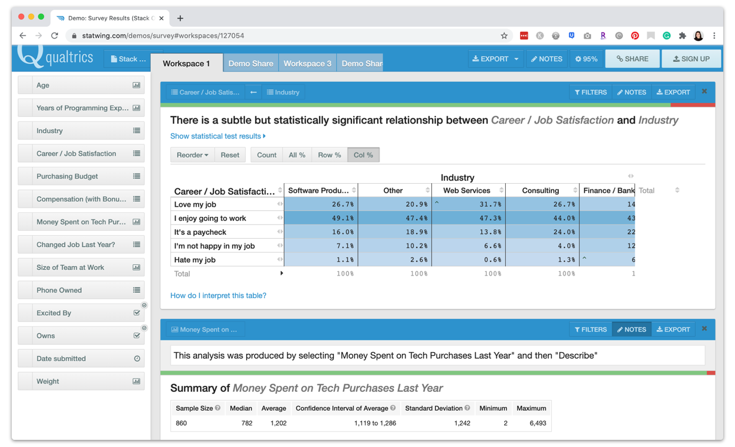 Tools for UX research synthesis - Statwing