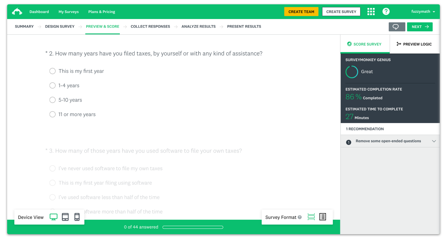 A UX survey conducted through SurveyMonkey