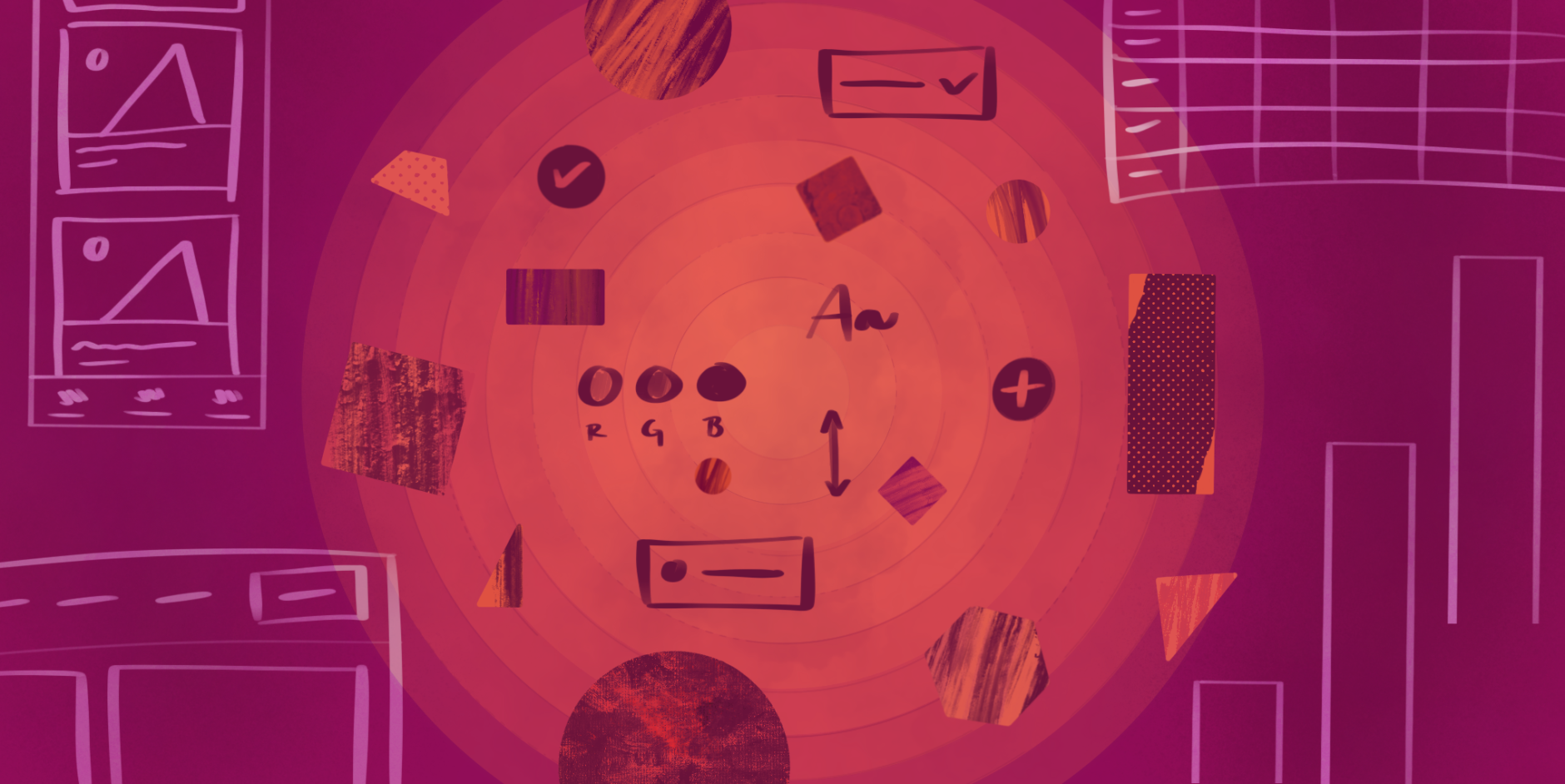UX Design System elements laid out among geometric shapes