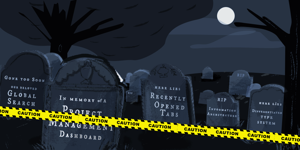 Illustration of a graveyard, with gravestones listing examples of good ux designs that died during the process