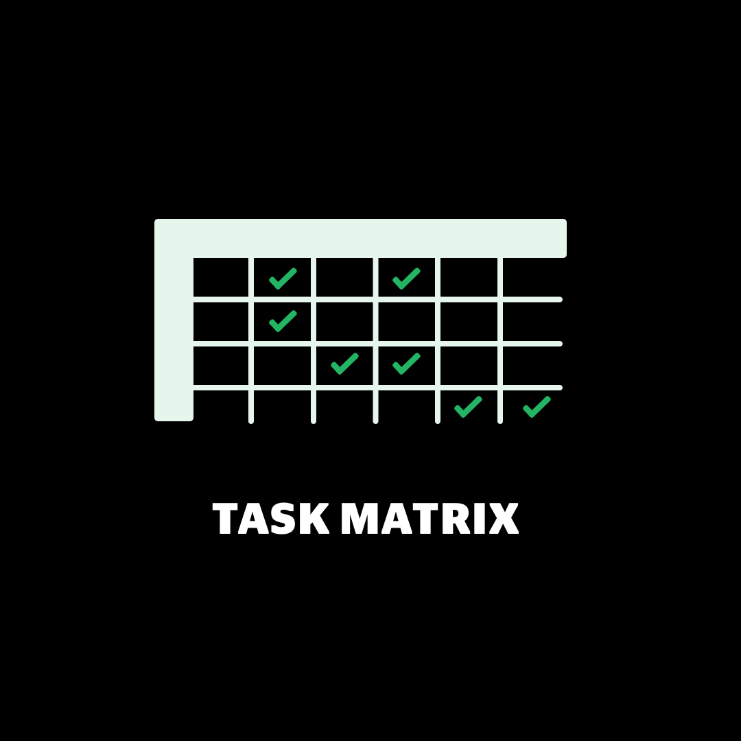 Pared down illustration of a task matrix on a black background with white text that reads "Task Matrix".