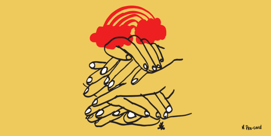 How UX and Visual Designers Work Together blog feature image. Illustration of hands piled on top of each other on a dull yellow backgroun accompanied by a red rainbow with red clouds on top of the pile.