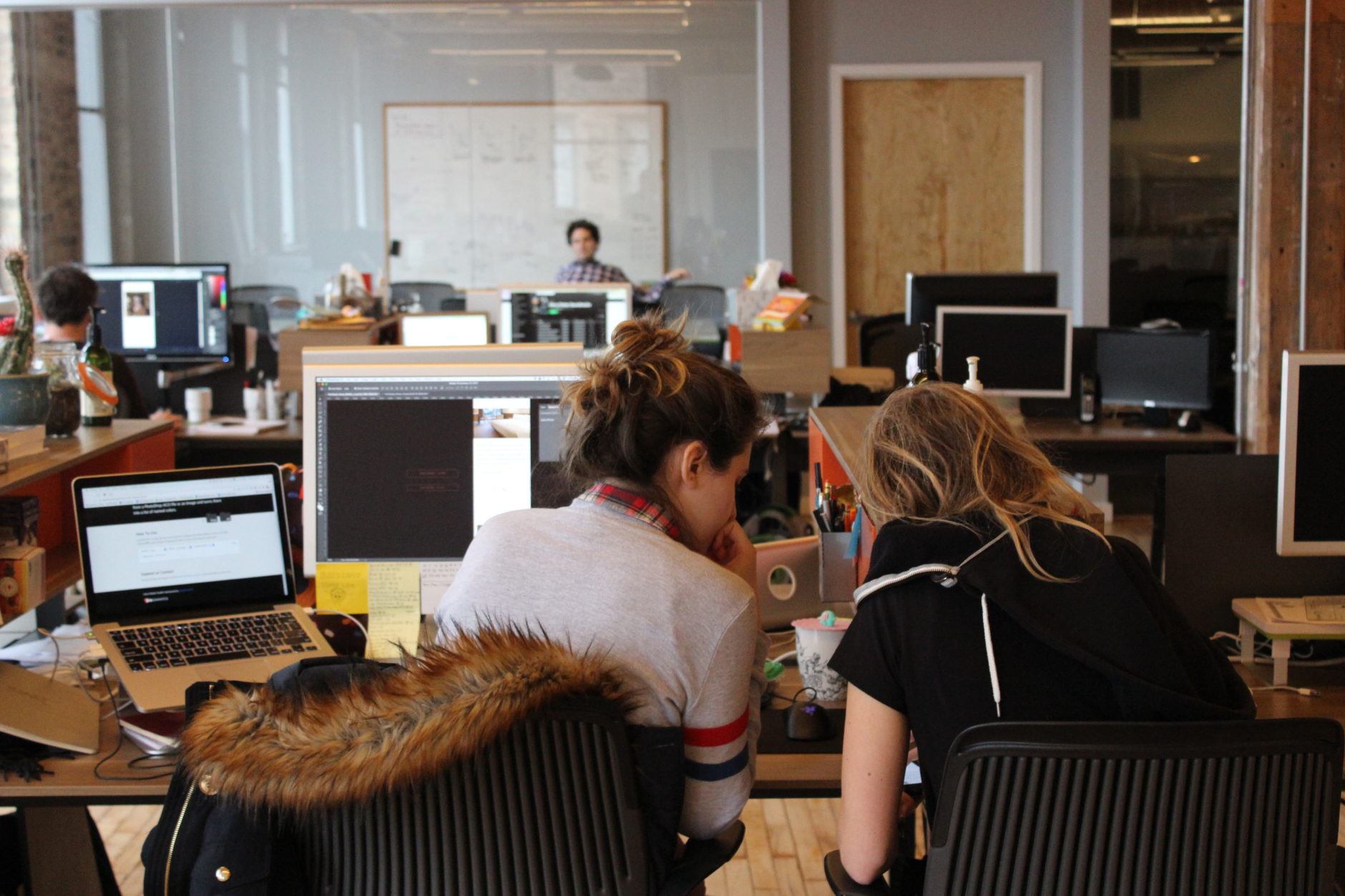 Image showing the backs of two designers sitting at their desks working together.