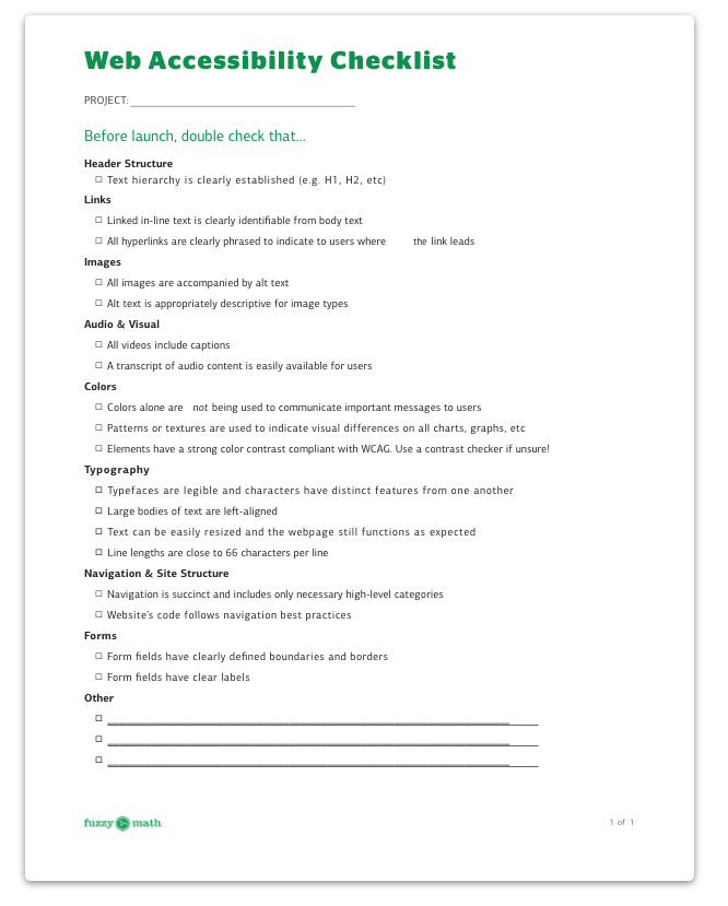 Preview of the printable website accessibility checklist