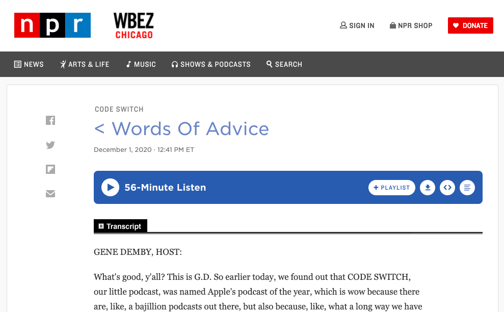 Screenshot of NPR's website featuring a podcast transcript.