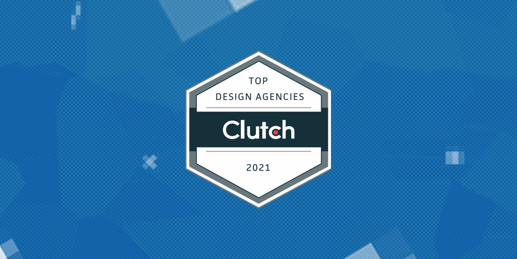 Top Design Agencies Clutch 2021 badge on blue, pixel illustrated background.