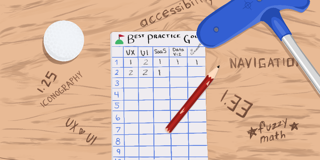 Top view image of a mini golf scorecard with a golf ball, club, and some etchings in the wooden table they lie on.