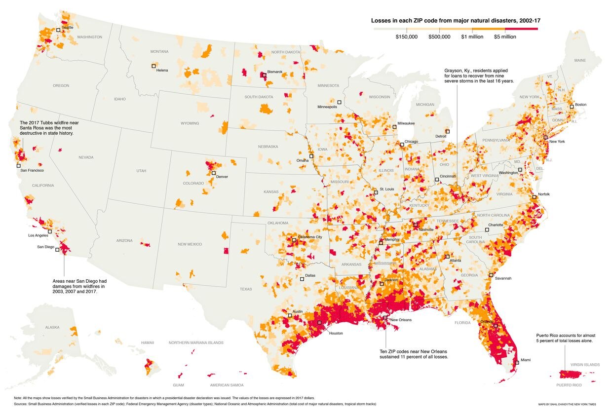 A graph showing the United States of America shows how natural disasters are creating loss in revenue across different zip codes. The higher losses are shown in the southeastern parts of the United States while the west coast has very small losses. 