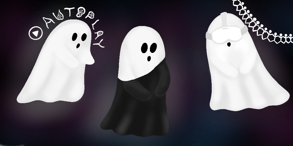 Three ghosts of UX past, present future. The left ghost shows the haunting of autoplay. The middle ghost is themed around light and dark mode, and the right ghost has a VR headset.