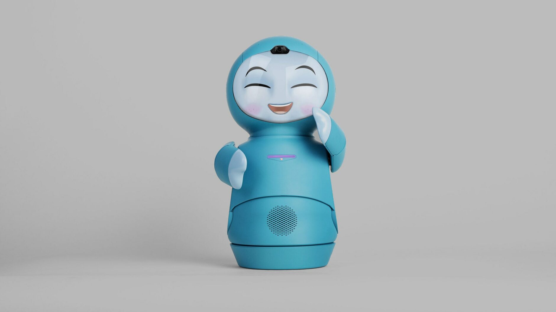 Small blue robot with happy face