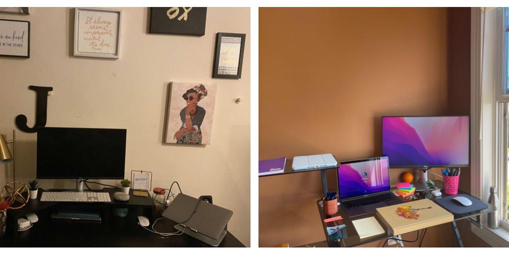 Two pictures showing two work from home desk set ups
