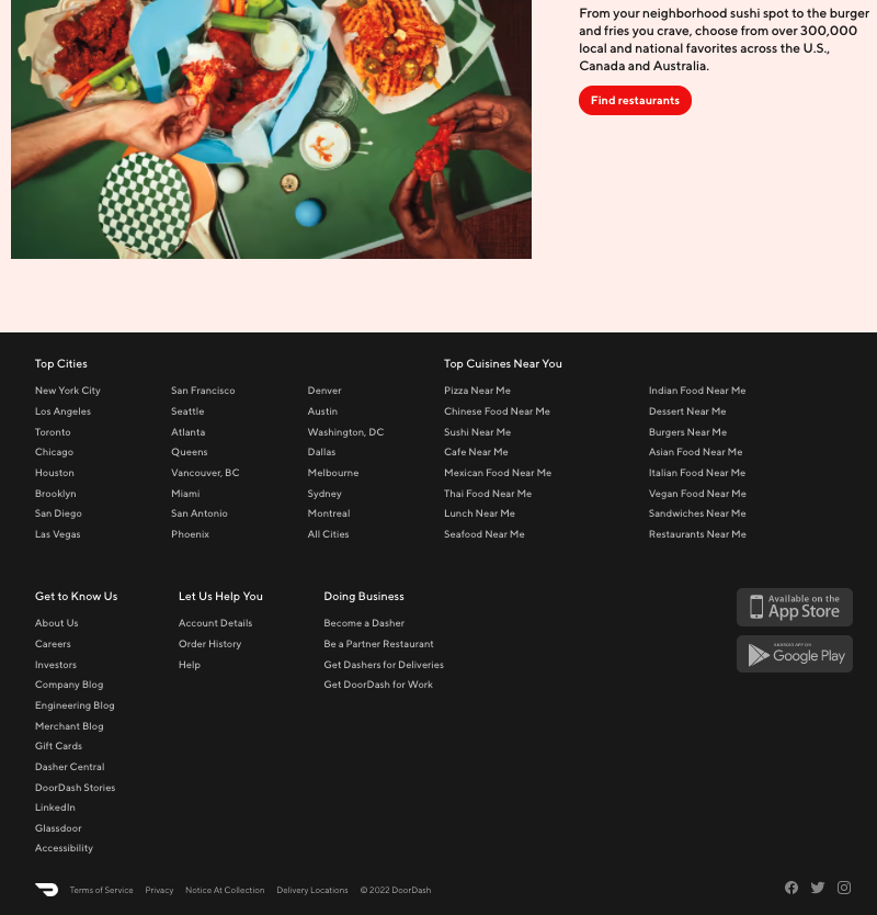 A screenshot of the Doordash homepage. In the logged-out state, Doordash includes a footer with helpful links to categories that users may want to explore more — in addition to the more expected footer content.