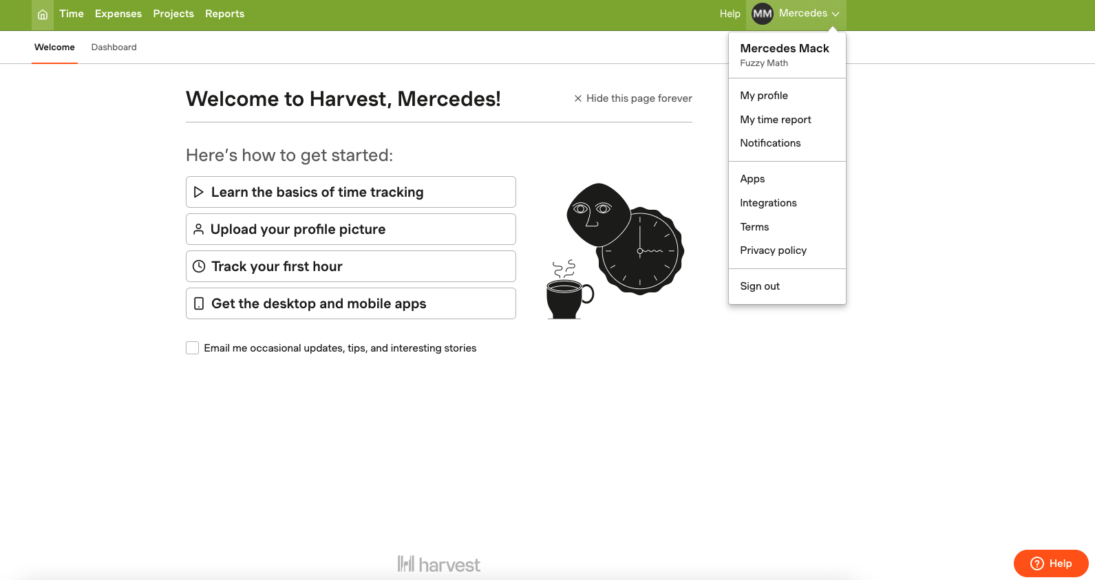 A screenshot of the Harvest time tracker application homepage. Harvest does not include a traditional footer in the logged-in experience.