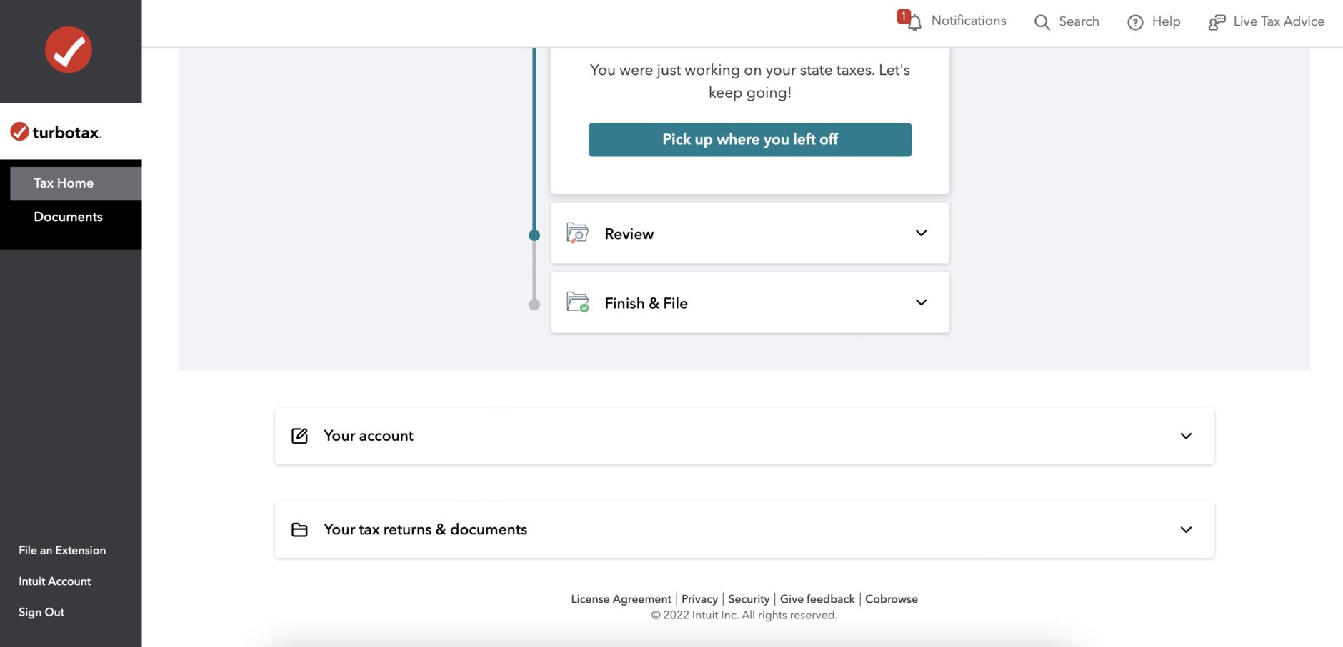 A screenshot of the TurboTax homepage. TurboTax features a limited footer, which includes security information that users may need throughout their time using the tool.