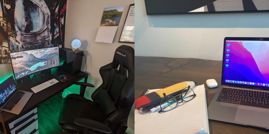 Collage showing two desk setups
