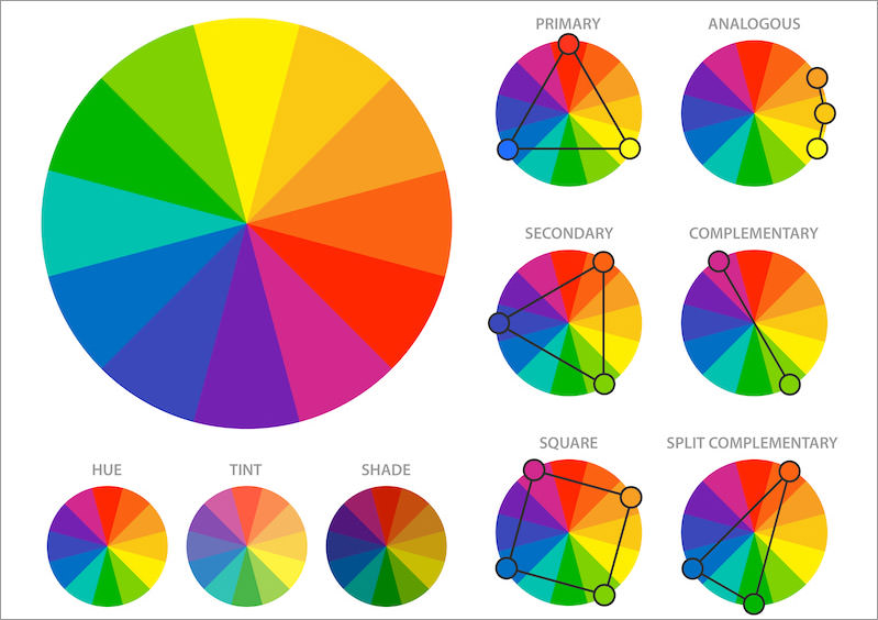 A diagram of a variety of color palettes that show how users can pick colors around the color wheel and how they relate to one another.
