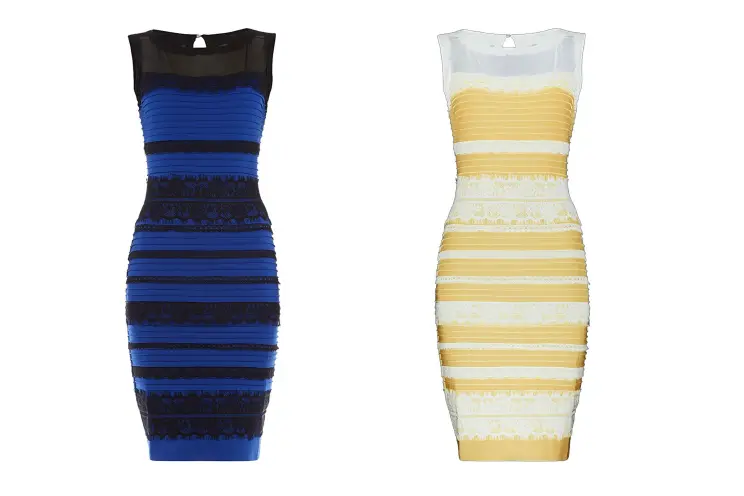 Two dresses side by side. The right displays a black and blue dress while the left side displays a yellow and white dress.
